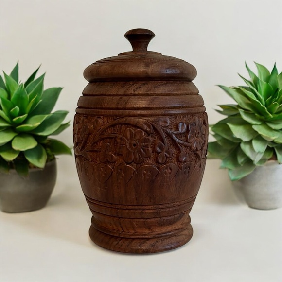 Vintage Other - Vintage Hand Carved Teak Sheesham Wooden Lidded Spice Trinket Storage Jar